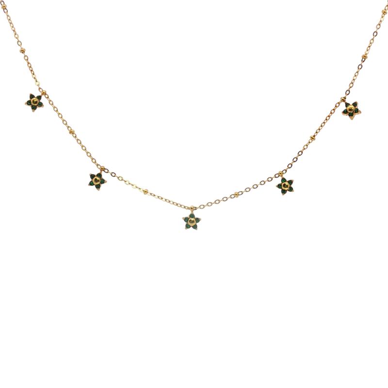 Tiny Green Stone Petals Five Flower Choker