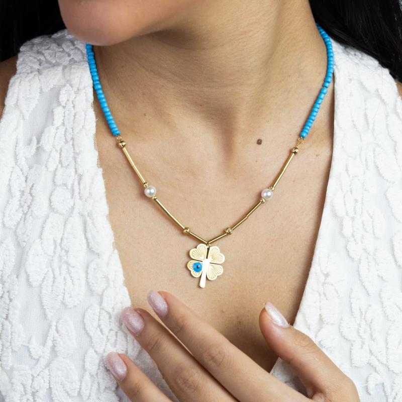 Flower Eye w Blue Beads Chain Necklace
