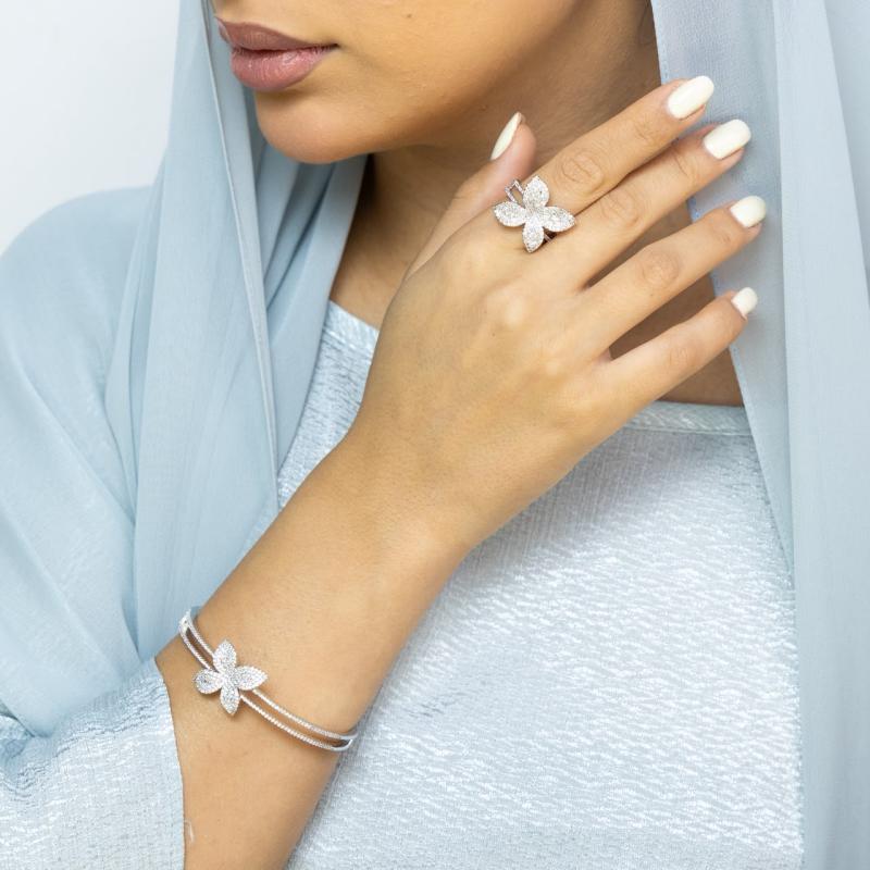 SA Bangle Set - Dual Line Crystal Flower Cuff