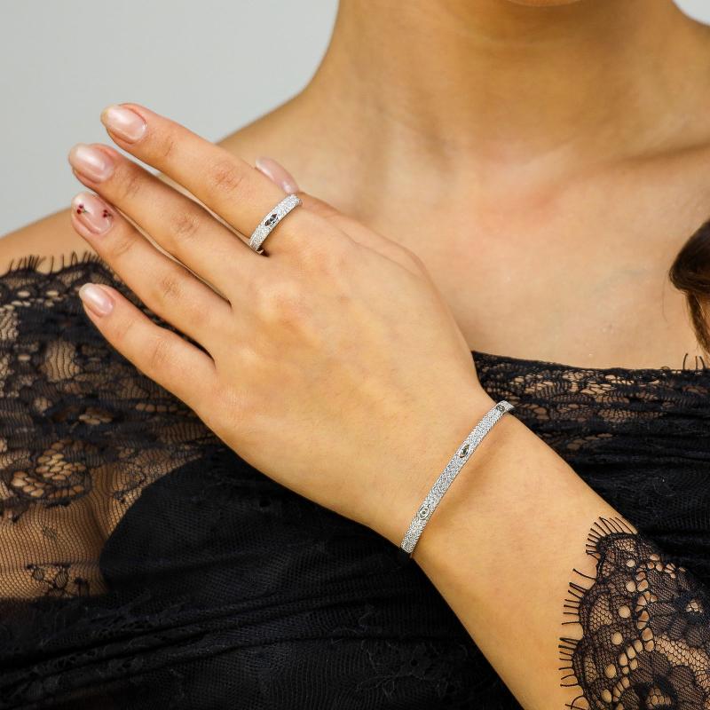 SA Bangle Set - FS Thin Band w Tiny Green Stone Eye (S)