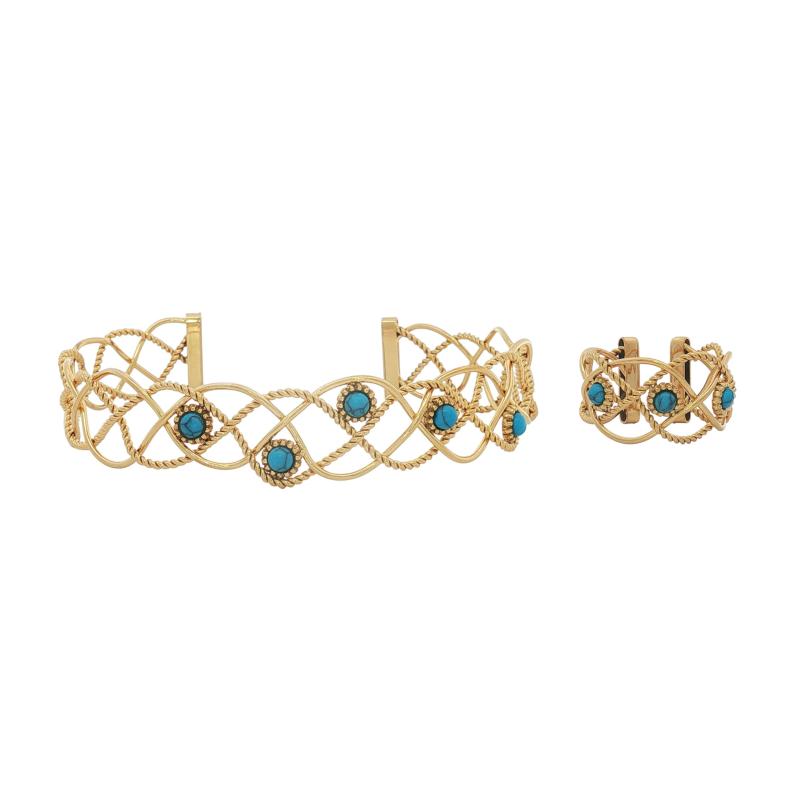 Bangle Set - Interwoven Looping Figure w Blue Stones