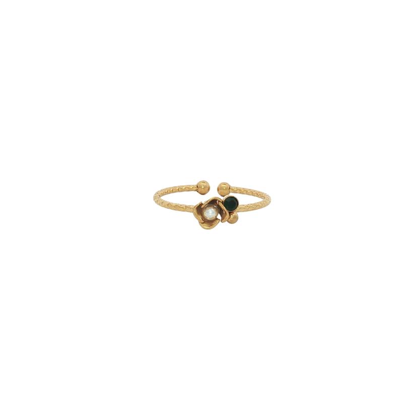 Pearl Bloom Paired Green Stone Ring (Free Size)