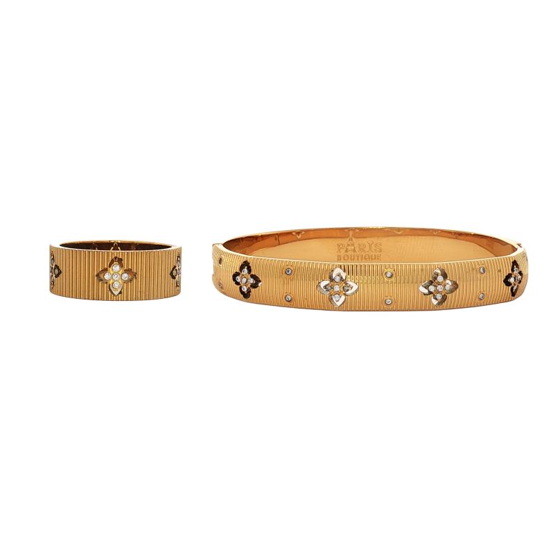 Bangle Set - Ribbed 4 Flowers w Stones 