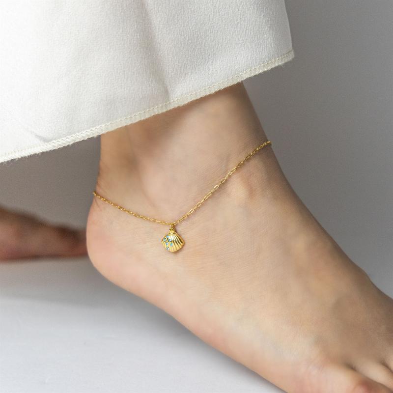 Seashell w Tiny 6 Aqua Blue Stones Anklet