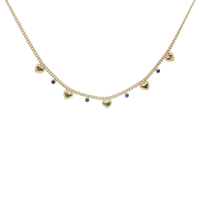 Double Beads Chain W 5 Heart Blue Stone Choker