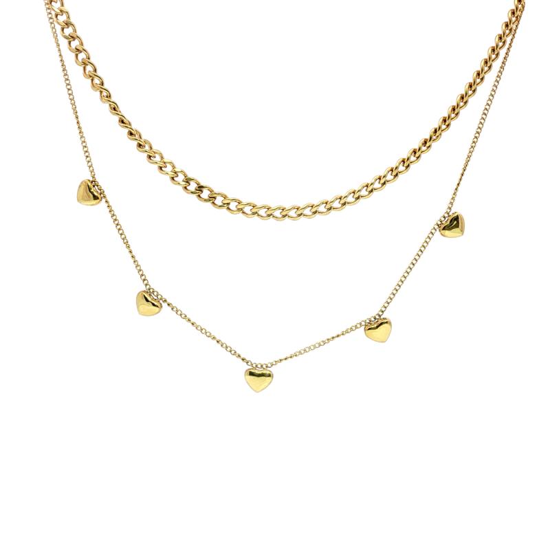 5 Block Hearts w 2 Diff Chains Necklace