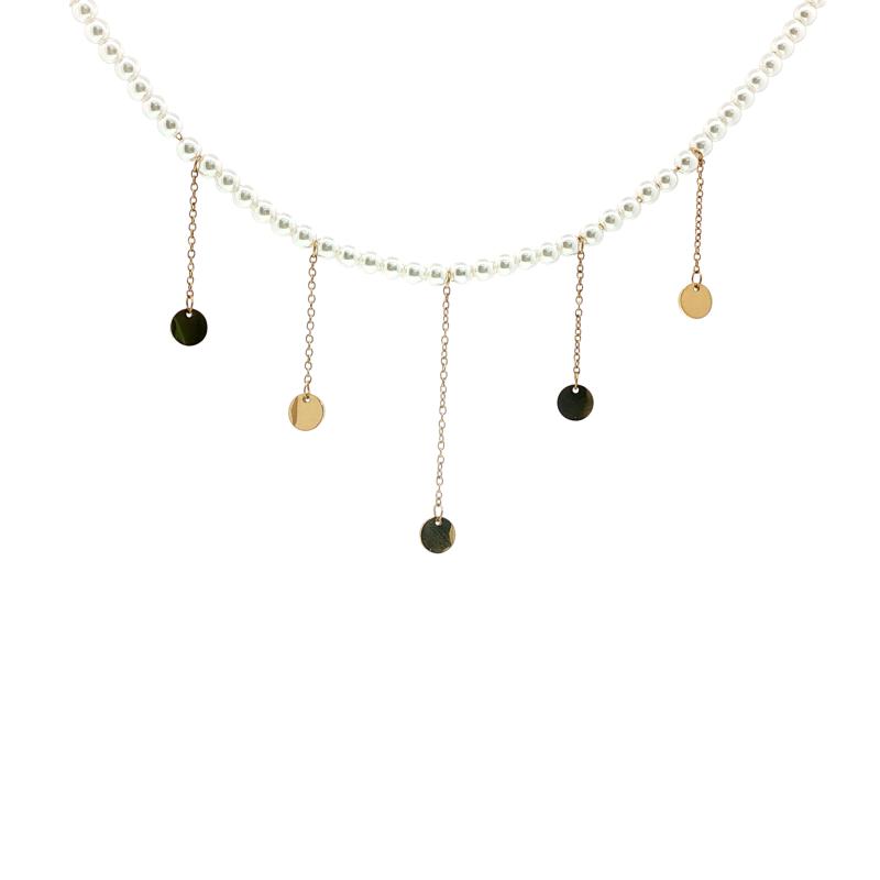 Full Pearls w Drop Plated Circles Necklace