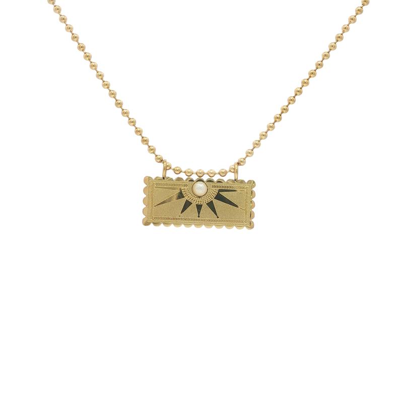 Rec Sunburst w Pearl Beads Chain Necklace
