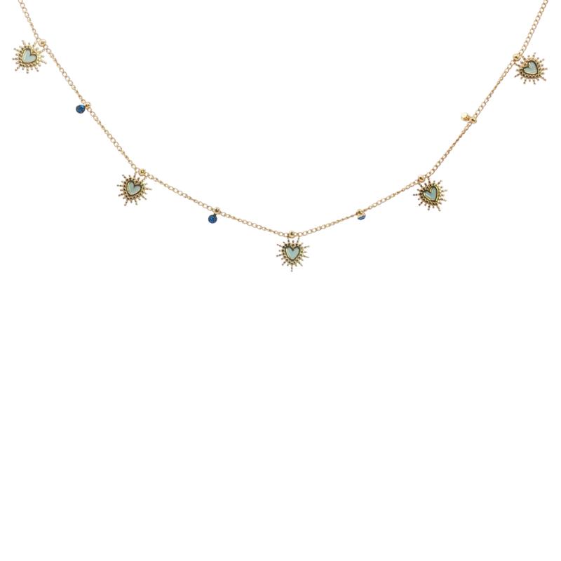 Five Sunburst Heart W Blue Stones Choker