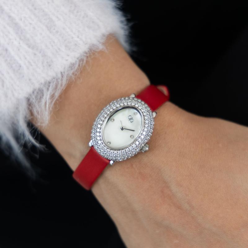 PB - Silver case with Crystal & metallic red Leather Strap     