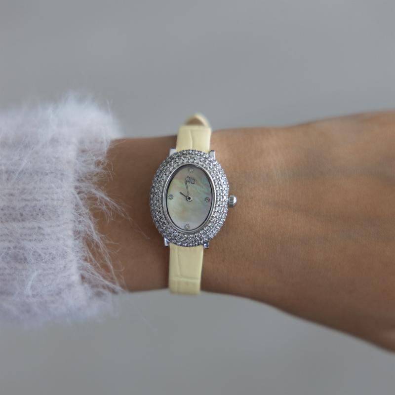 PB - Silver case with Crystal & pastel yellow Leather Strap     