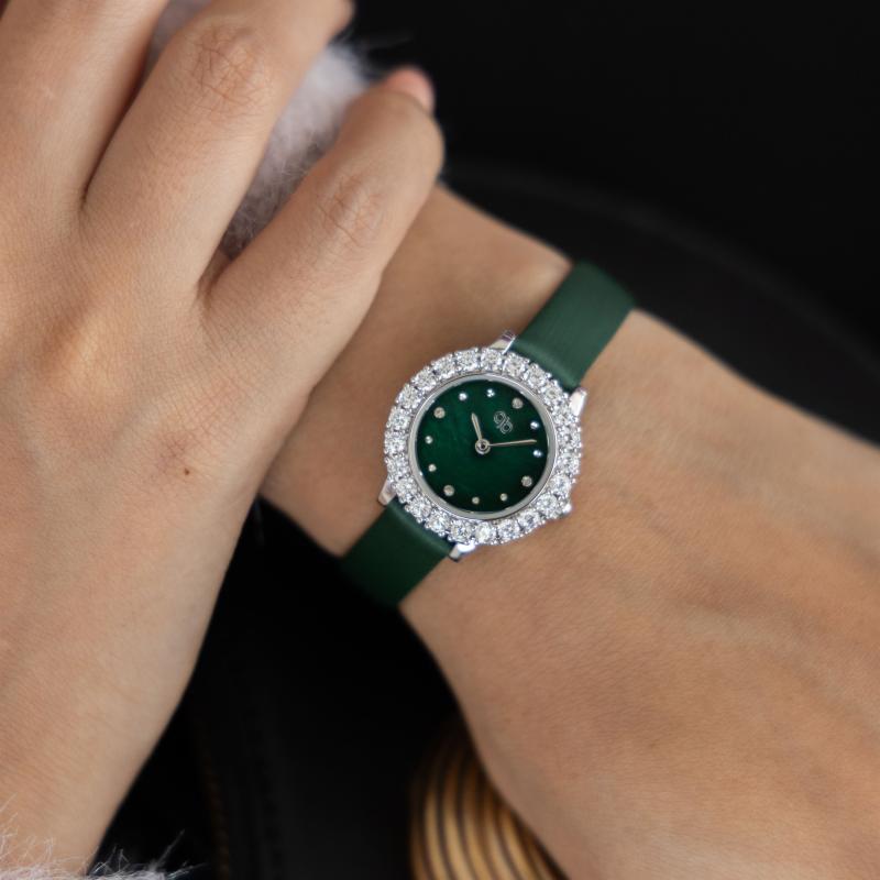 PB - Round diamond & metallic green Leather Strap 