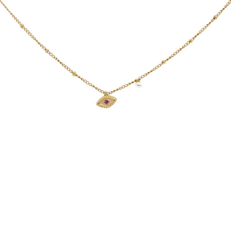 Pink Eye Shape Necklace w Pearls