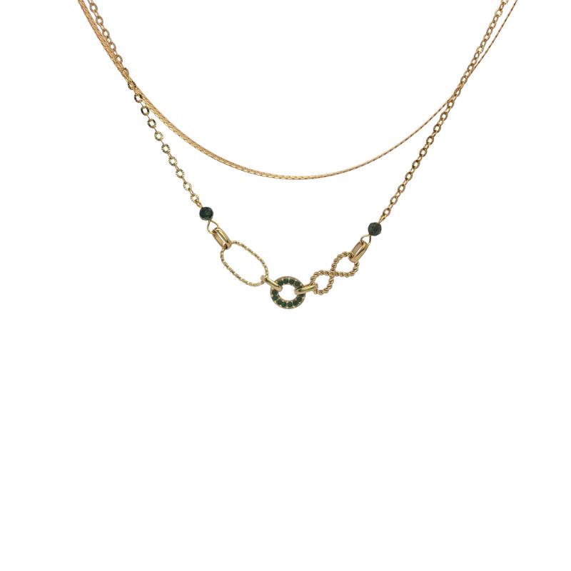 O-Shaped Link Adorned w Green Stone Necklace