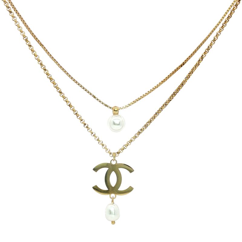 CHAN - Logo & Pearls 2 Diff Chains Necklace