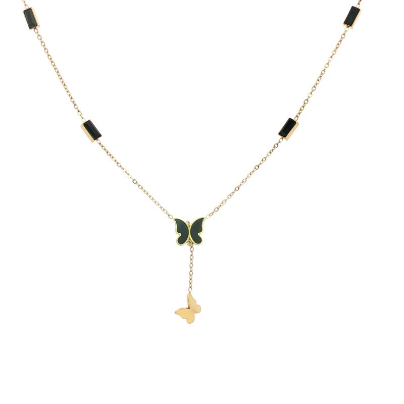 Rectangle & Butterfly Black Pearl Necklace