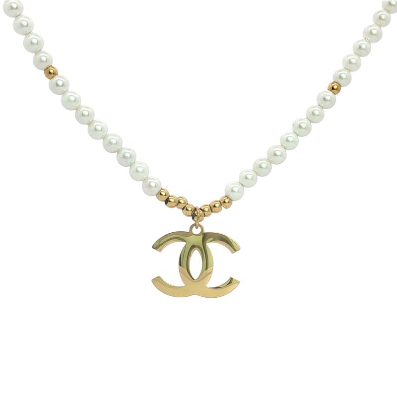 CHAN - Logo w Pearls Chain Necklace
