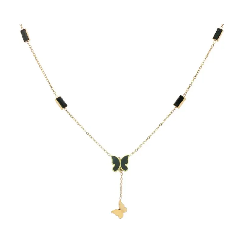 Rectangle & Butterfly Black Pearl Necklace