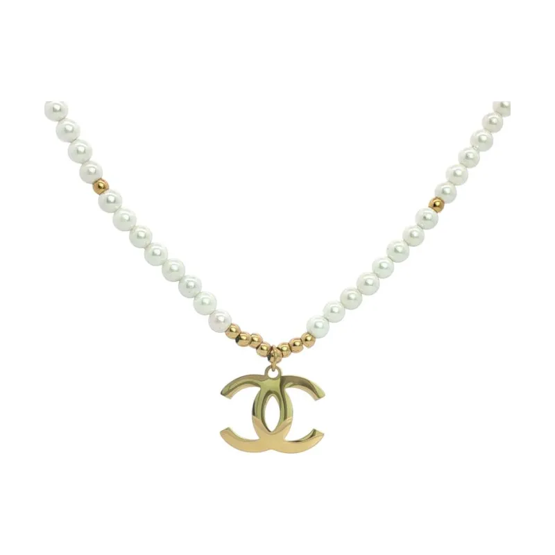 CHAN - Logo w Pearls Chain Necklace
