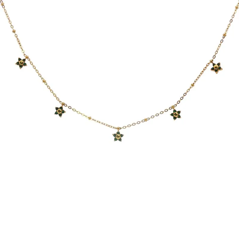 Tiny Green Stone Petals Five Flower Choker