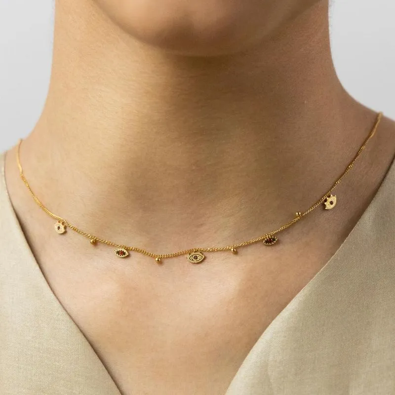 Colored Stone Evil Eyes W Beaded Chain Choker