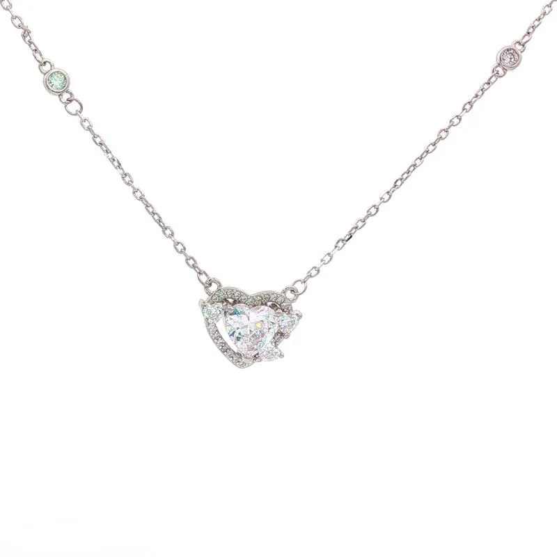 OS Double Heart Shining Stone Chain Necklace
