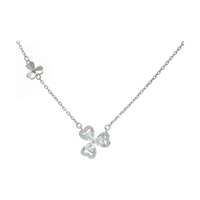OS Three Heart Shining Stone with Flower Chain Necklace