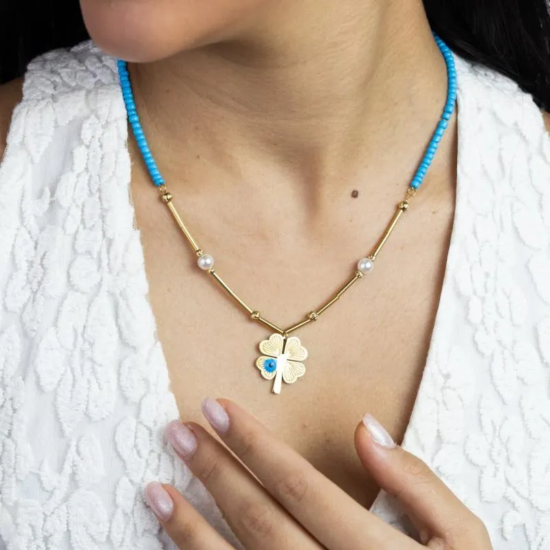 Flower Eye w Blue Beads Chain Necklace