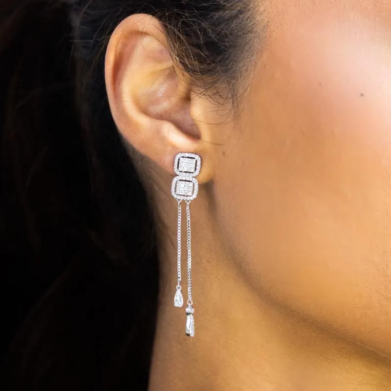 SA Earrings - Dual Square Crystal Teardrop Drip (S)