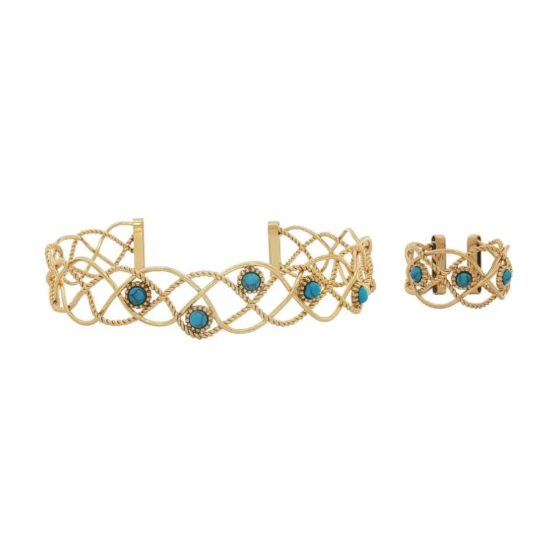 Bangle Set - Interwoven Looping Figure w Blue Stones