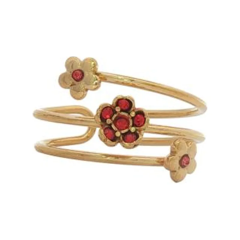 Red Stones 3 Flower Ring (Free Size)