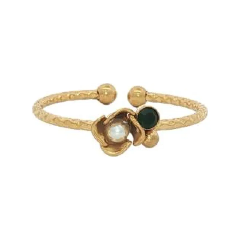 Pearl Bloom Paired Green Stone Ring (Free Size)