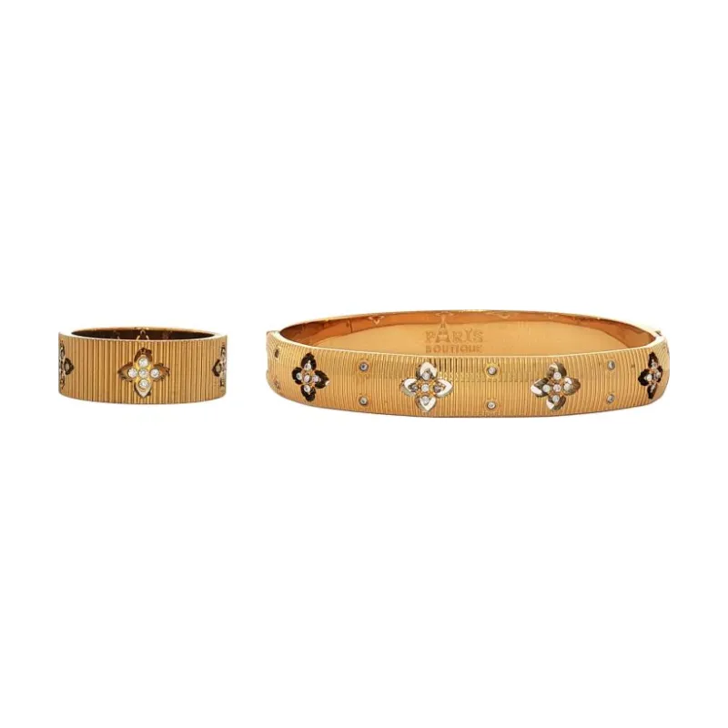 Bangle Set - Ribbed 4 Flowers w Stones 