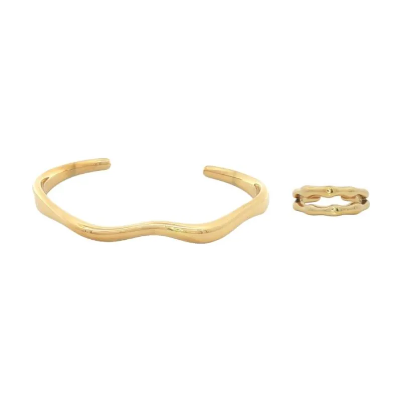 Bangle Set - Golden Wavy Band w Dual Wavy Ring