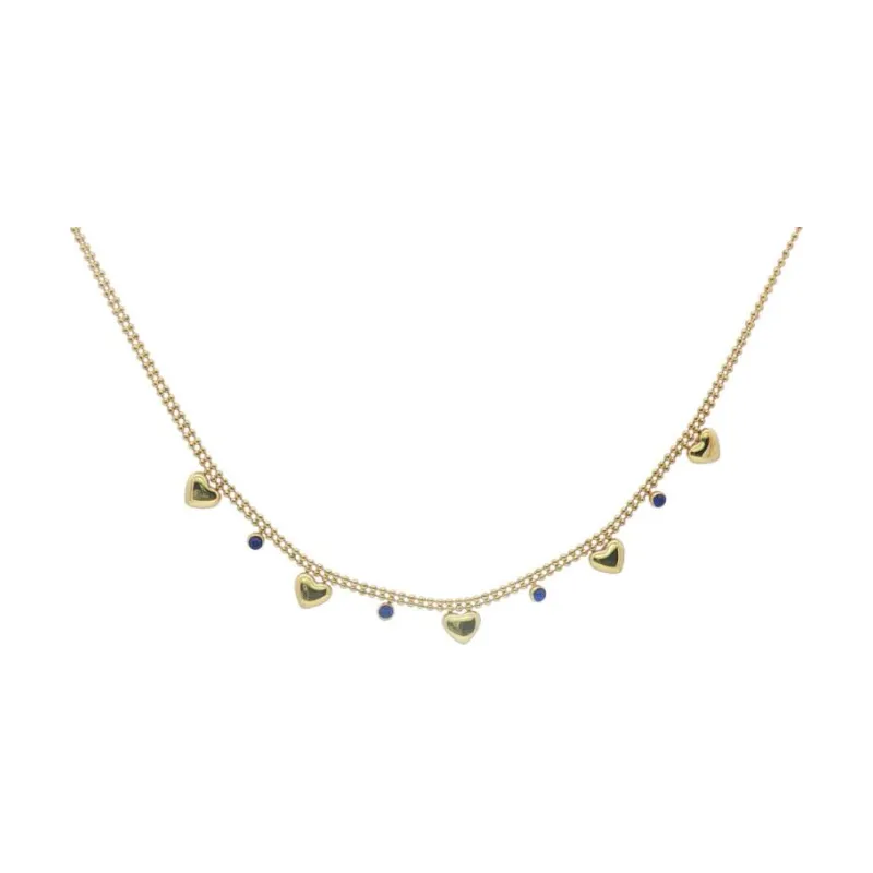Double Beads Chain W 5 Heart Blue Stone Choker