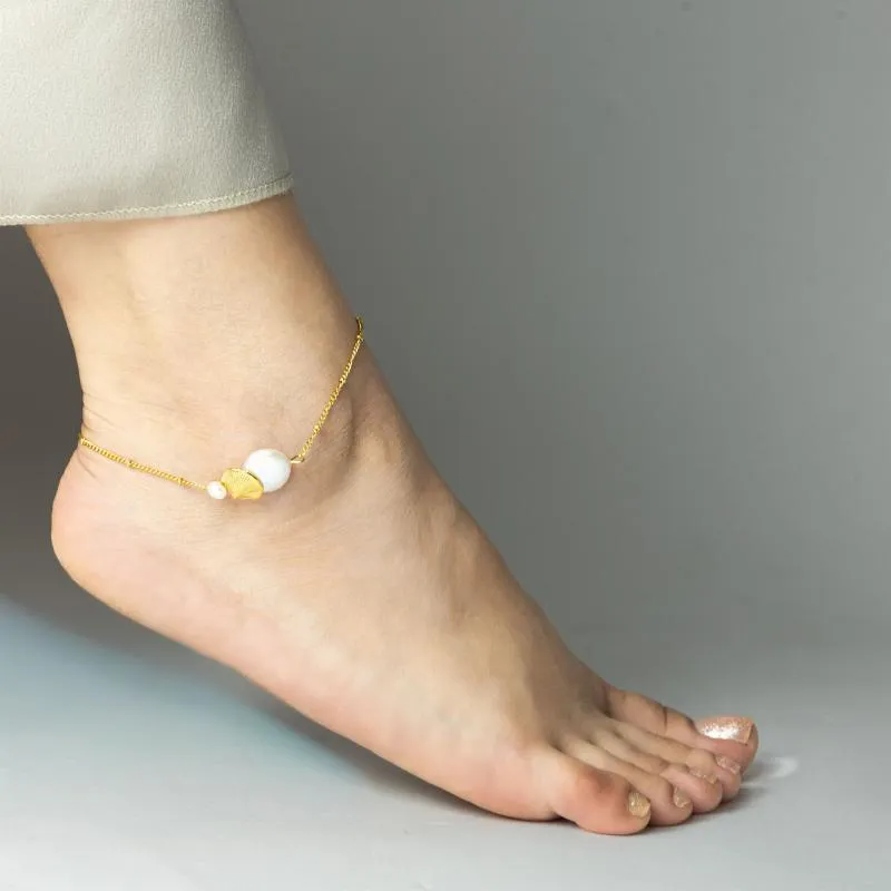 Large Cultured Pearl & Seashell Anklet