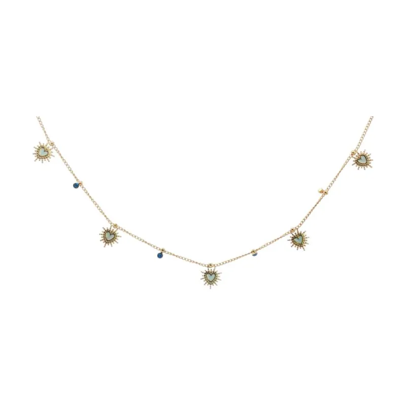 Five Sunburst Heart W Blue Stones Choker