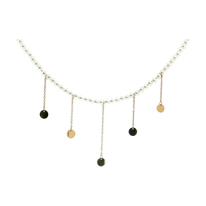 Full Pearls w Drop Plated Circles Necklace