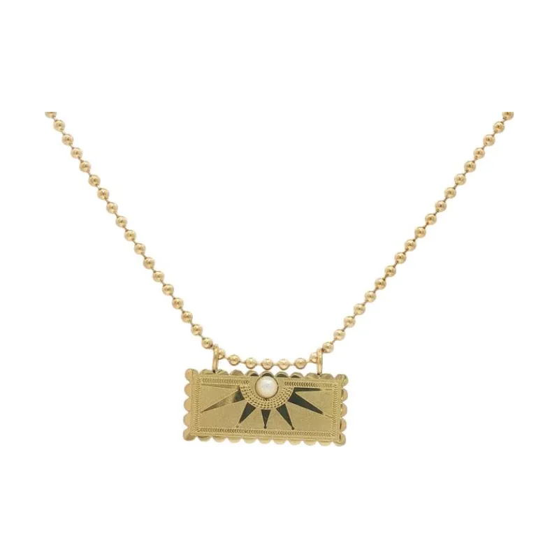 Rec Sunburst w Pearl Beads Chain Necklace