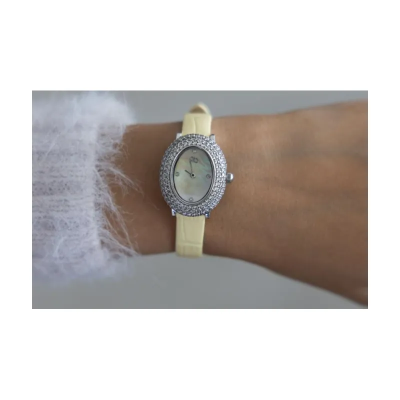 PB - Silver case with Crystal & pastel yellow Leather Strap     