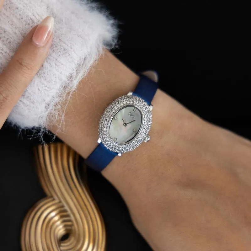 PB - Silver case with Crystal &metallic blue Leather Strap     