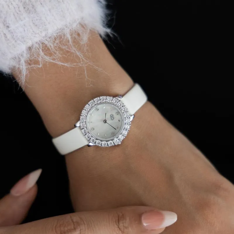 PB - Round diamond & White Leather Strap 