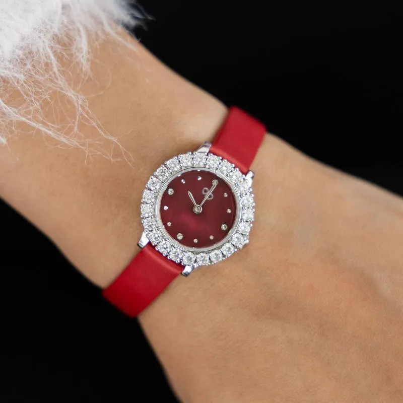 PB - Round diamond & metallic red Leather Strap 