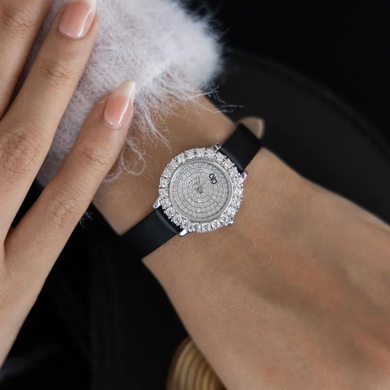 PB - Round diamond & Black Leather Strap 