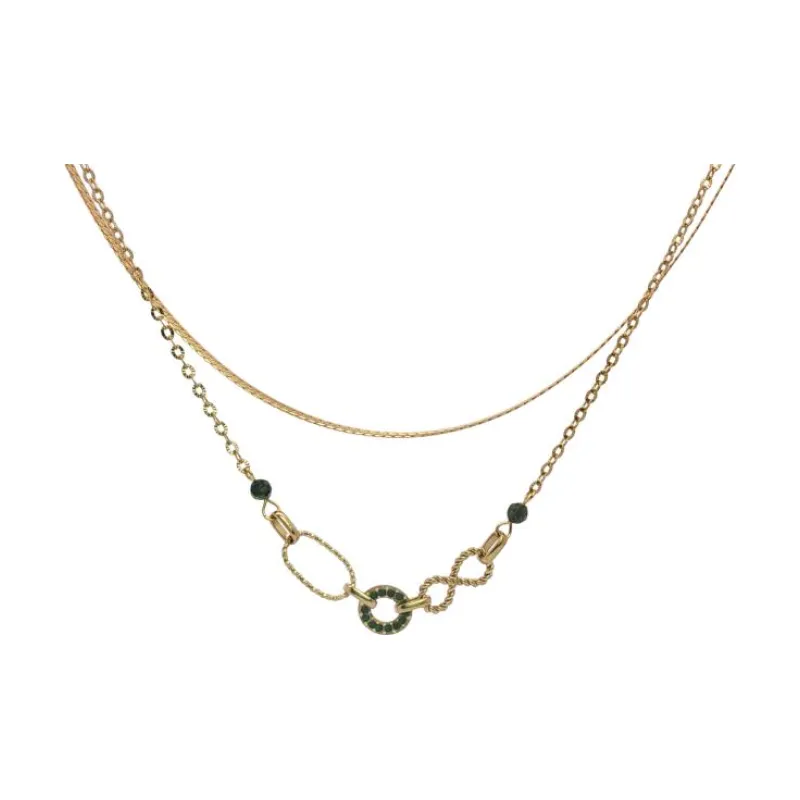 O-Shaped Link Adorned w Green Stone Necklace